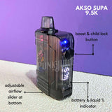 AKSOSUPA9500DisposablePod-features-of-fire-button-and-led-battery-indicator