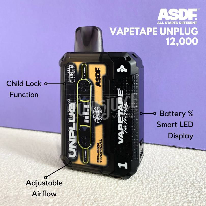 ASDF Vapetape Unplug (12K) 5% - LED Screen - Disposable Pod HERO IMAGE