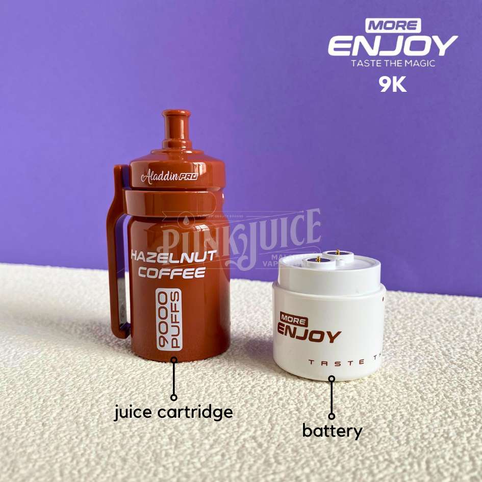 aladdin more enjoy 9000 puff disposable pod showing separation of flavour cartridge and battery body