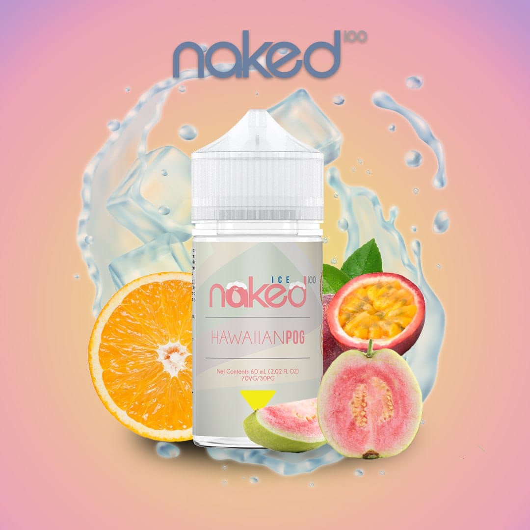 Naked 100 - Hawaiian POG Ice (Ice Series) - 60ml with fruits in the background